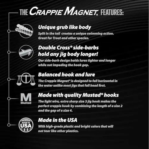 Features of Crappie Magnet Best Of The Best Kit For Crappie Fishing with 96 Bodies, 15 Double Cross Jig Heads, and 4 EZ Floats