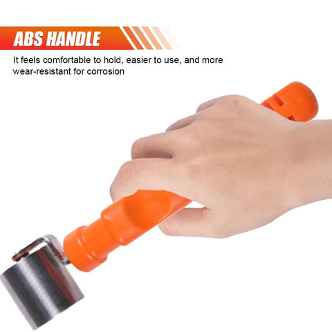 Car audio sound deadening wheel roller with orange anti-slip handle and stainless steel roller (side view)