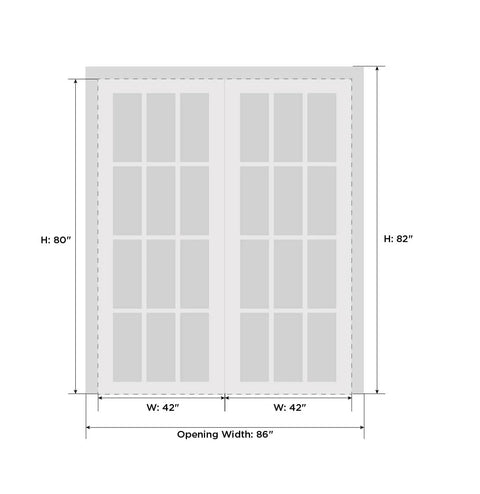 Diagram showing dimensions of Two Door Double Swing French Interior Doors With Frosted Glass, Matte Black Finish, hardware included, 84x80 in