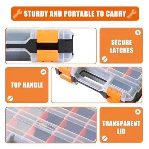 Close-up view of Grab And Go Double Sided Tool And Hardware Storage Box with secure latches, top handle, and transparent lid