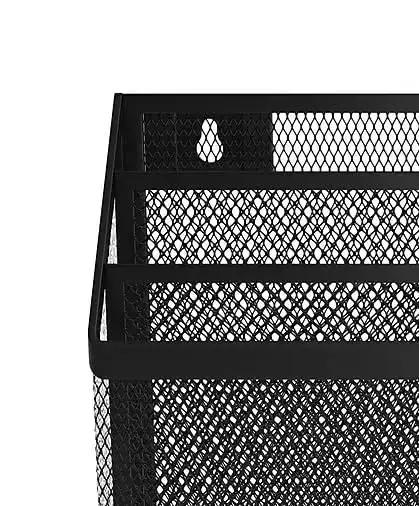 Wire Mesh File Organizer Three Compartment Matte Black Vertical Desk Sorter showing top corner view for office use