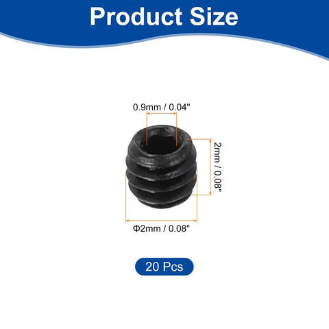 Close-up of a single 20 Pcs M2x2mm Carbon Steel Hex Socket Set Screws Headless Cup Point Grub Screws For Repairing Compact Instruments Machinery