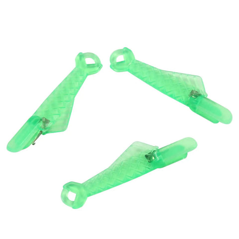 Three green fish-mouth needle threaders arranged in a triangle. 10 Pack Fish Mouth Needle Threaders For Sewing Machines Hordion Self Threading Quick Loop Tool For Easy Threading Compact 1.18 Inch Handy Portable Pack Must Have For Home Sewing, Quilting, And Craft Projects.