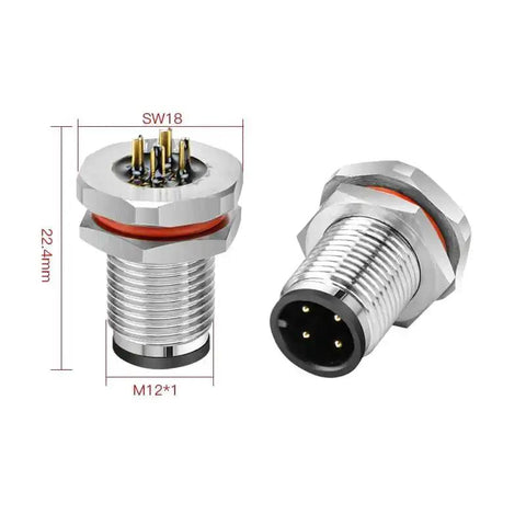 Rugged M12 4-Pin A-Coded Male Connector Cable With Front Panel Mount showing dimensions and unshielded straight plug