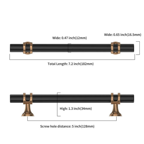 Diagram of 10 Pack 5 Inch Matte Black and Champagne Bronze Cabinet Handles for Kitchen Cabinets showing dimensions and details