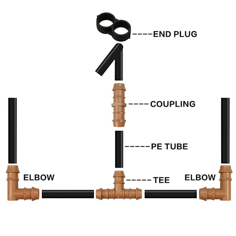 Arfun 28P drip irrigation kit for 17mm tubing; black tubing with brown barbed fittings; 28-piece set.