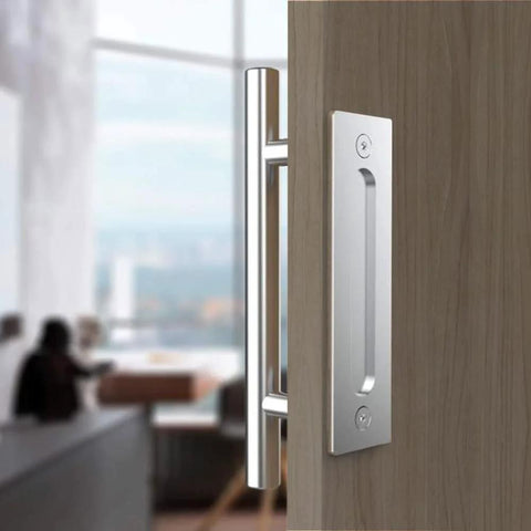 12 Inch Stainless Steel Sliding Barn Door Handle Set With Flush Hardware, Double Sided, installed on wooden door