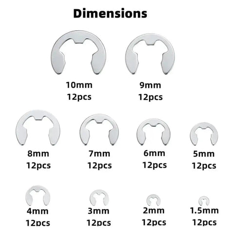 120Piece Metal E Clip Assortment Kit With Durable E Retaining Rings In Sizes From 1.5Mm To 10Mm displayed by dimensions