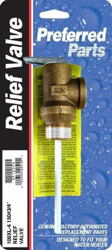 Brass small temperature and pressure relief valve with white discharge tube in Preferred Parts packaging.