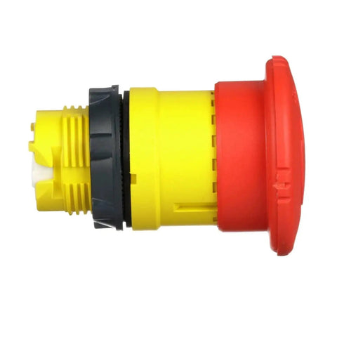 Side view of Harmony XB4 Emergency Stop Push Button Head Red Mushroom 40mm With Latching Turn To Release Chromium Plated Bezel