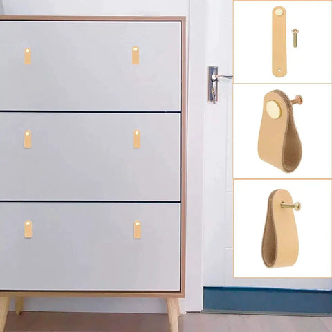 Dresser with Six Pack Leather Drawer Pulls For Dresser And Cabinet Soft Leather Knobs Khaki Color With Easy Screw Installation