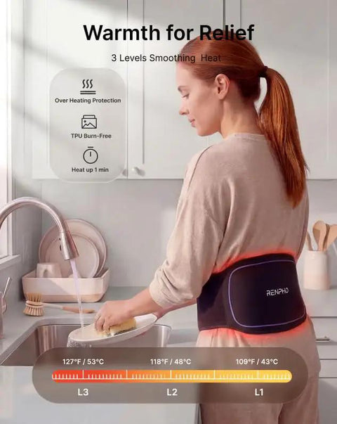 Person washing dishes wearing Dope Cordless Heating Pad for Back Pain with 3 in 1 Red Light Therapy Belt in kitchen setting