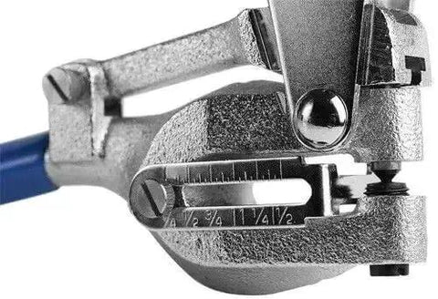 Close-up of Hand Powered Hole Punch Tool Kit for Steel Sheet Metal with 1.5 Inch Throat, showing adjustable die set.