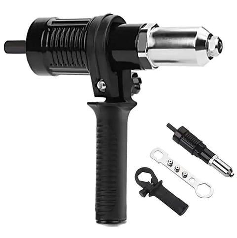 Front view of Electric Rivet Gun Attachment Kit For Drill With Four Rivet Heads 2.4mm 3.2mm 4.0mm 4.8mm Pro Fast Pop Riveting