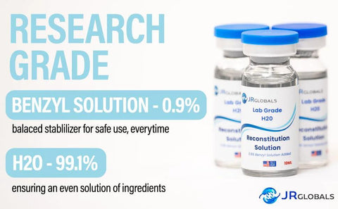 JRGlobals Lab Grade Reconstitution Solution in 10 mL glass vials with blue caps, 2-pack.