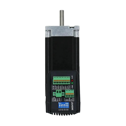 Front view of NEMA 23 integrated stepper servo motor with driver, black housing, metal shaft, green terminal block.