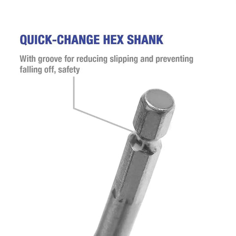 Close-up of quick-change hex shank from 13 Piece Spade Drill Bit Set For Woodworking With SAE Sizes, reducing slipping and falling.