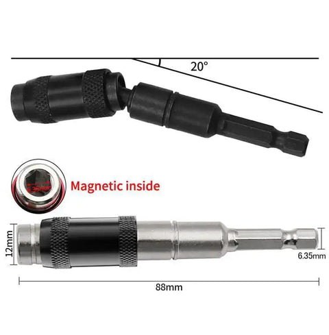 Pivoting One Quarter Inch Magnetic Bit Holder For Drills, Bendable Twenty Degree Screwdriver Extender, 88mm Length with Magnetic Tip