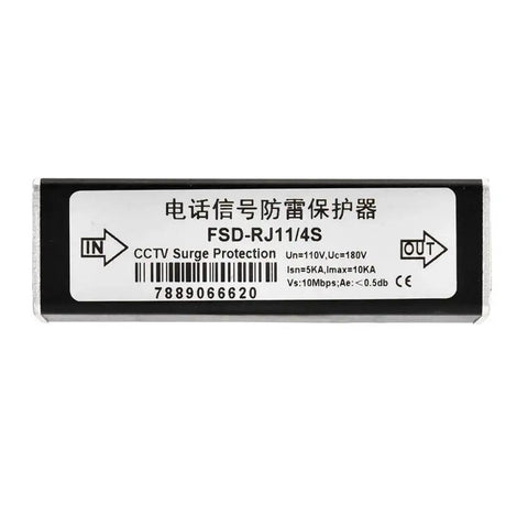 Phone Line Surge Protector 10KA Shield For Landlines Fax Modems And DSL Gear, device label with specifications.