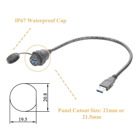Rugged IP67 USB 3.0 A Male To Female Bulkhead Panel Mount Extension Cable 0.3M Waterproof Cap 5Gbps Data Transfer Diagram