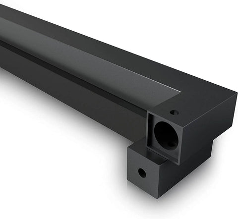 Close-up of 24 Inch Barn Door Push Pull Pro Grade Handle Set In Matte Black Stainless Steel Square Commercial Door Pull For Front Entry Office Storefront Or Garage Heavy Duty Double Sided Handle With Anti Rust Finish And Easy Installation showing corner design and screw holes.