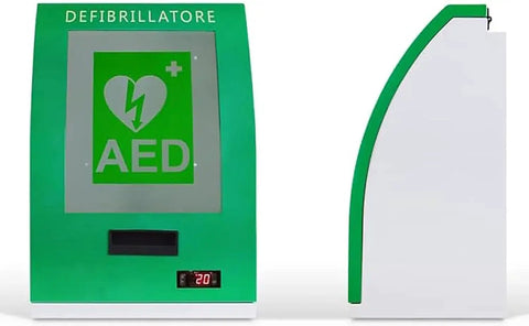 Front and side view of green AED Defibrillator Storage Cabinet with Alarm and Key Lock, steel wall mount, plexiglass window.