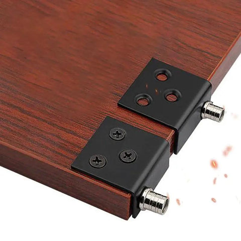Close-up of Concealed Cabinet Hinges 2 Pack Invisible Up And Down Door Pivot for wood panels installed on wood surface.