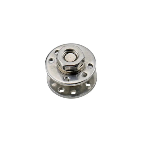 360-degree free-stop disk damping hinge with flange base and multiple screw holes, silver metal.