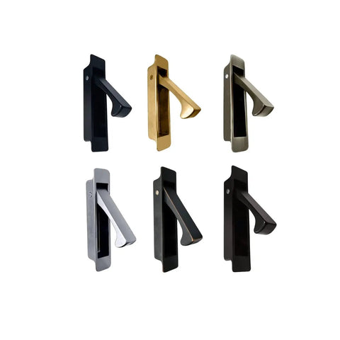 Set of six forged solid brass edge pulls, various finishes, self retracting latch flush mount with hidden screws, made in Taiwan