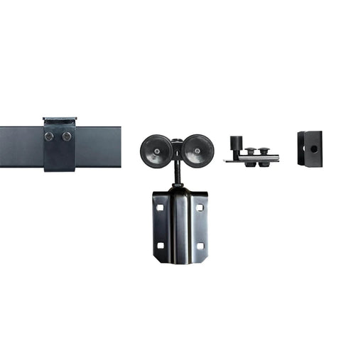 Black 8Ft Ceiling Mount Sliding Barn Door Hardware Kit For Low Ceilings Exterior Box Track System, components displayed.