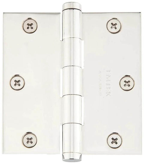 3-1/2 Inch Square Corner Steel Plain Bearing Mortise Hinge Pair In Polished Nickel For Durable Interior Doors And Cabinetry