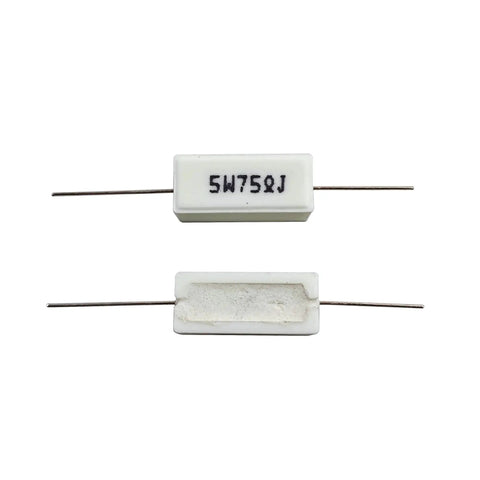 Two ceramic cement power resistors, 5W, 75 ohm ±5%, axial leads, front and back views