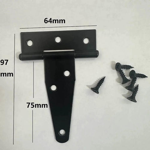 4 Pcs 3 Inch T Gate Door Hinges Black Heavy Duty Metal Hinges For Barn Doors Gates Fences Shutters And Cabinets With 24 Screws Durable Indoor Outdoor Hardware. Visible: Hinge with dimensions and screws.