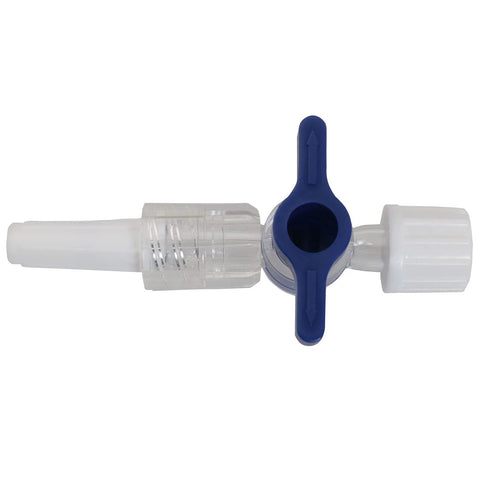 2-way stopcock valve with Luer lock fittings, blue lever, clear plastic body