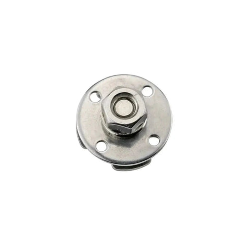 Front view of stainless steel 360-degree disc-damping shaft hinge with four mounting holes