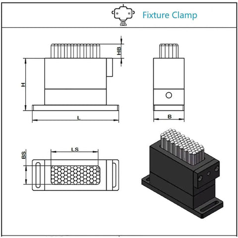 Pro Grade High Precision Flexible Claw Fixture Clamp For CNC And Laser Marking Machines In Blue with diagrams showing dimensions and layout.