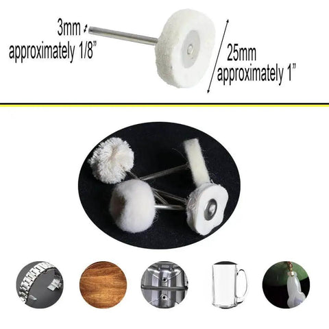 1 Inch Polishing Buffing Wheel Set For Rotary Tools With Wool Felt And Cotton Mounted 3mm Shank shown with measurement details