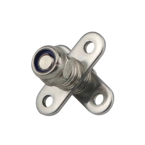 Front view of square stainless steel damping torque hinge with mounting flange and adjustable stop