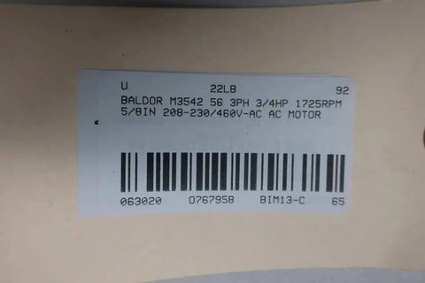 Label of Single 3-Phase AC Motor Frame 56 3/4 HP 1725 RPM 5/8 in (15.88 mm) Shaft 208-230/460V Sealed ball bearing compatible M3542