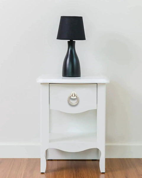 5 Pack 2.2 Inch Footed Nickel Ring Drawer Pulls For Cabinets And Cupboards on a white nightstand, classic design