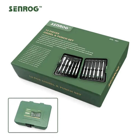 Box of 12 Piece Punch And Chisel Set With Carrying Case For Metalworking Including Flat Chisels Center Punches Pin Punches And Conical Punch