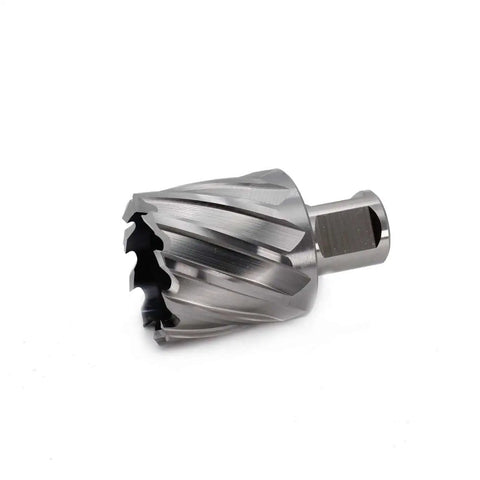 One and a Half Inch Annular Cutter for Magnetic Drill Press With One Inch Cutting Depth and Three Quarter Inch Weldon Shank, Two Flats, Pilot Pin Size 6.34 by 77 mm, Delivers Holes Up To Ten Times Faster Than Regular Bits, by OSCARBIDE, shown in side view