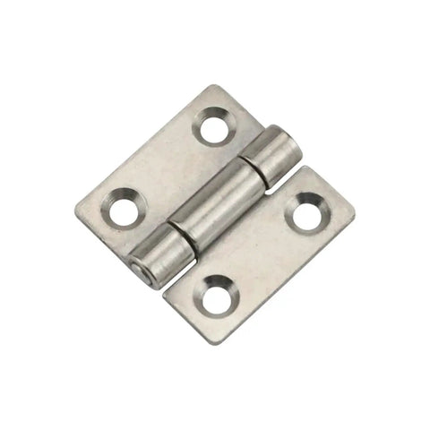 Small square damping hinge, 1.5 inch, metal with two mounting plates and four screw holes.