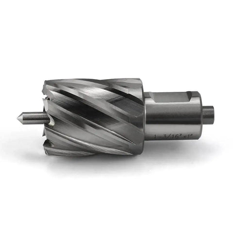 Rugged Annular Cutter Kit With Pilot Pin For Magnetic Drill Press JESTUOUS HSS Slugger Bits One And Three Sixteenths Inch Diameter Three Quarter Inch Weldon Shank One Inch Cutting Depth Includes Plastic Case shown in side view, highlighting its steel construction and pilot pin.
