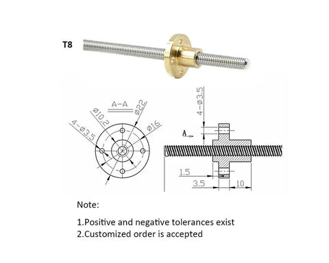 Beefed Up 8mm T8 Lead Screw 1000mm With Brass Nut For 3D Printer Z Axis Pitch 2mm Lead 8mm Stainless Steel Lead Screw diagram