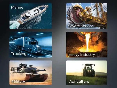 Images showing Marine, Severe Service, Trucking, Heavy Industry, Military, and Agriculture applications for Atlas 600 Grease.