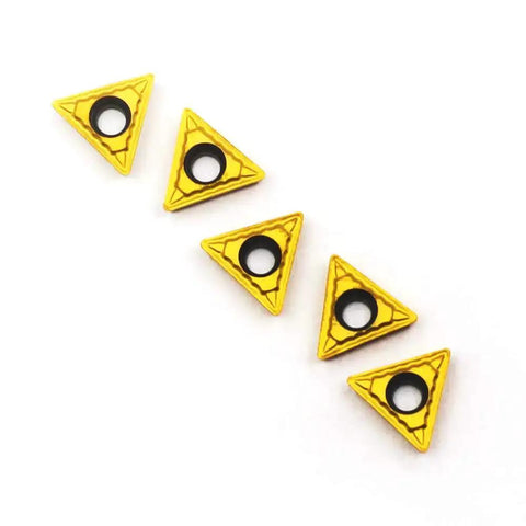 Pack of five TCMT090204 carbide turning inserts for CNC lathe; triangle shape with tin coating. Fast cutting for steel and cast iron.