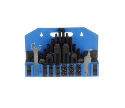Clamping Kit With Precision One Two Three Blocks And Five Eighth Inch T Slot For Milling And Machining, 58 Piece Set Includes Four Each Of 3 4 5 6 7 8 Inch Studs, Coupling Nuts And Flanged Nuts, Heat Treated Cast Steel By HHIP displayed in blue holder.