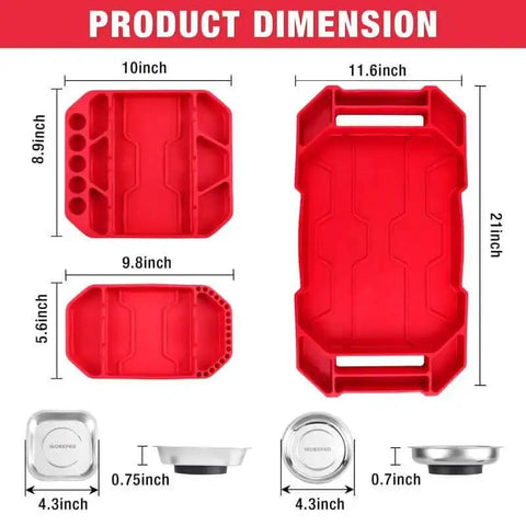5-Piece Non-Slip Tool Tray Set With Silicone Tool Mats And Magnetic Parts Trays for garage organization, various dimensions shown