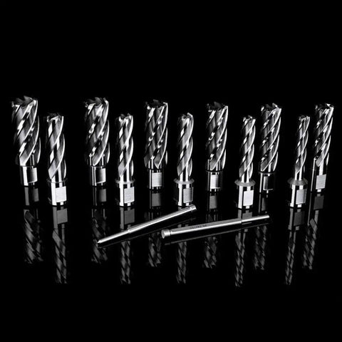 Heavy Duty Annular Cutter Set For Magnetic Drill Press With Two Inch Cutting Depth And Diameters From Seven Sixteenth To One And One Sixteenth Inches, Three Quarter Inch Weldon Shank, Includes Two Pilot Pins Oscarbide Thirteen Piece Kit displayed vertically on black background